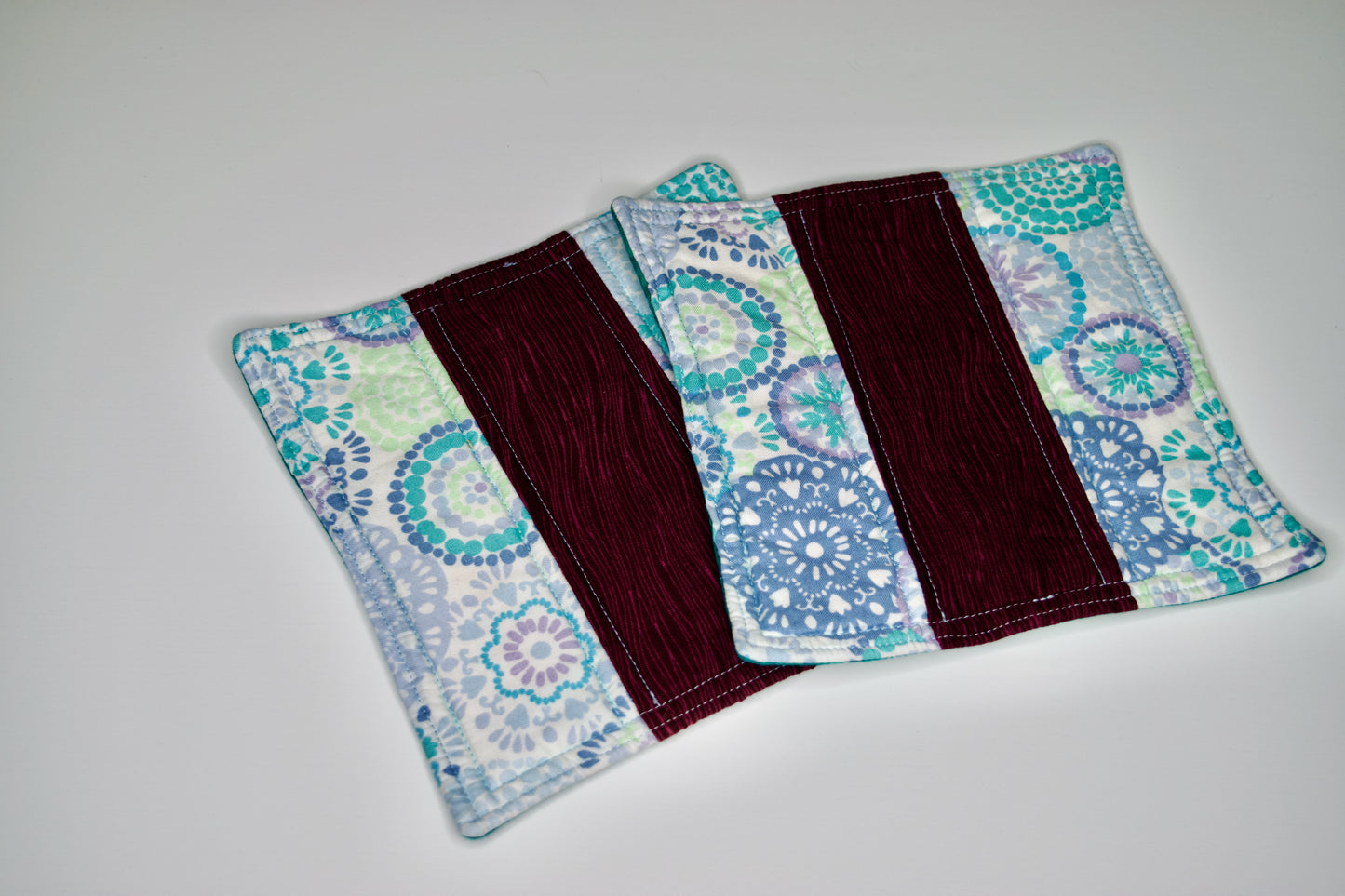 Plum Stripes, Mandala Flowers, and Teal Watercolor Potholders