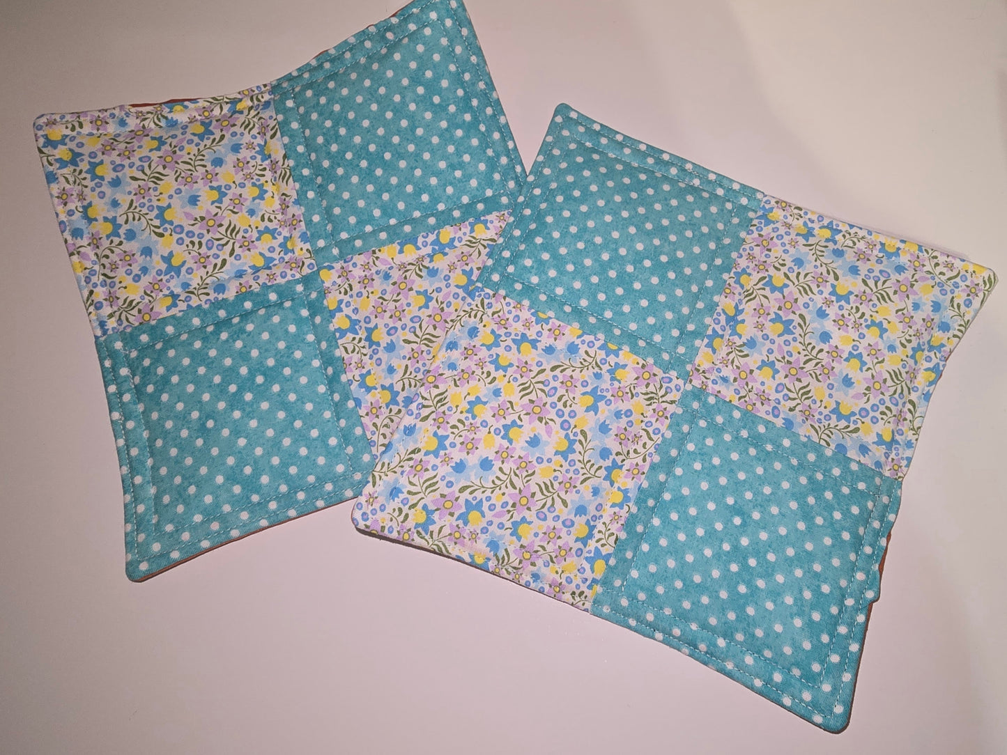 Aqua Dots / Flowers and Orange Potholders