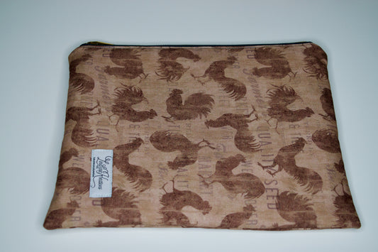 Tossed Roosters / Red Large Zipper Pouch