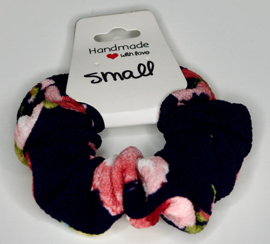 Small Navy and Pink Flowers Scrunchie