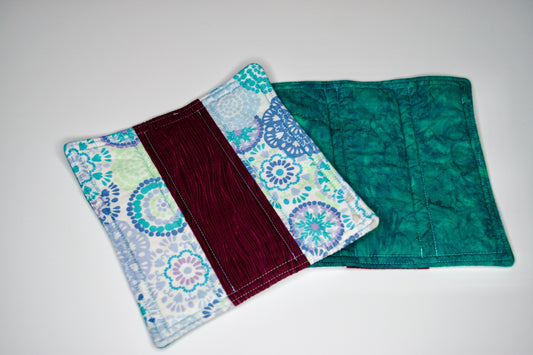 Plum Stripes, Mandala Flowers, and Teal Watercolor Potholders