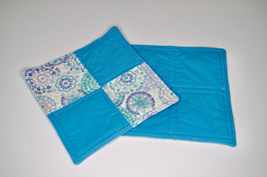 Mandala Flowers and Sky Blue Potholders