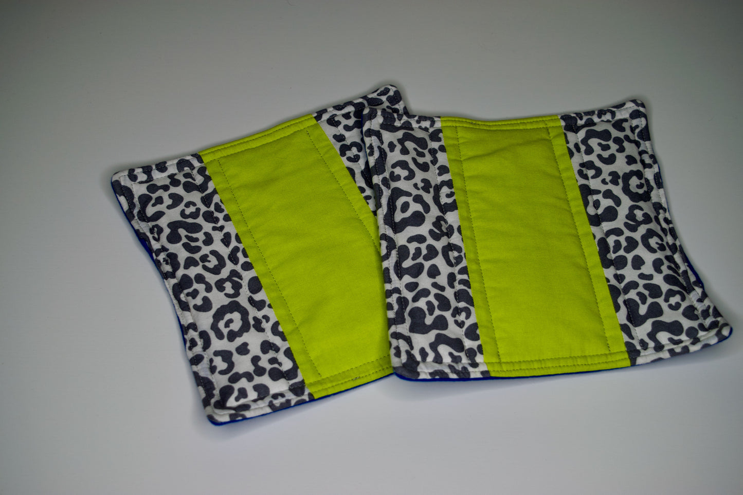 Leopard, Lime, and Blue Potholders