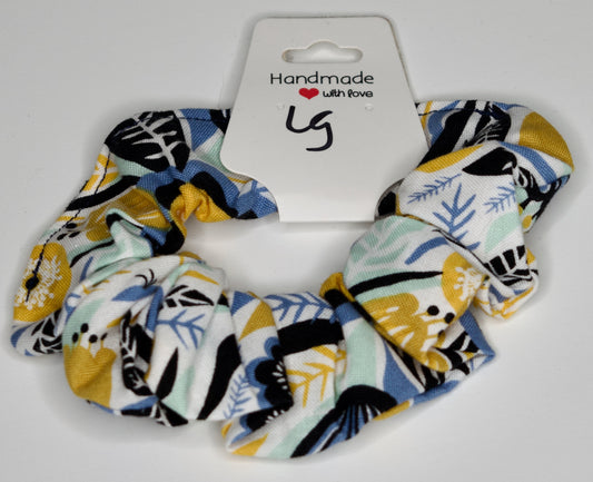 Large Gold and Navy Flowers Scrunchie
