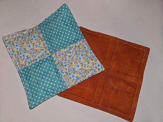 Aqua Dots / Flowers and Orange Potholders